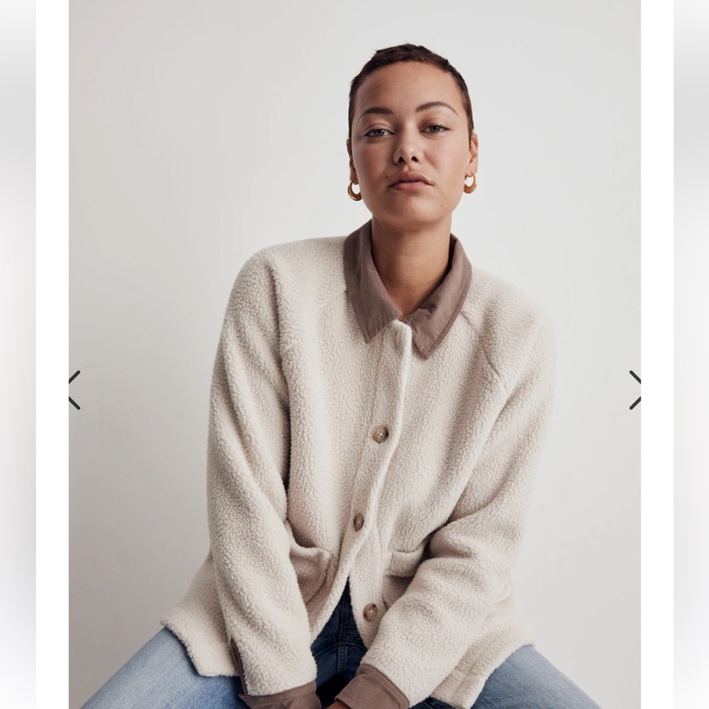 Madewell Corduroy-Trimmed (Re)sourced Sherpa Terry Chore Coat Large Brown Beige - Picture 3 of 16